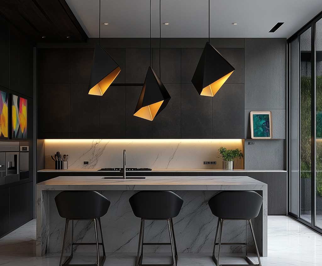 Bold geometric metal pendant lights in black and gold hanging over a sleek marble kitchen island, abstract shapes with sharp angles, modern bar stools, minimalistic cabinets, vibrant art pieces on the wall, eclectic fusion of industrial and contemporary design elements