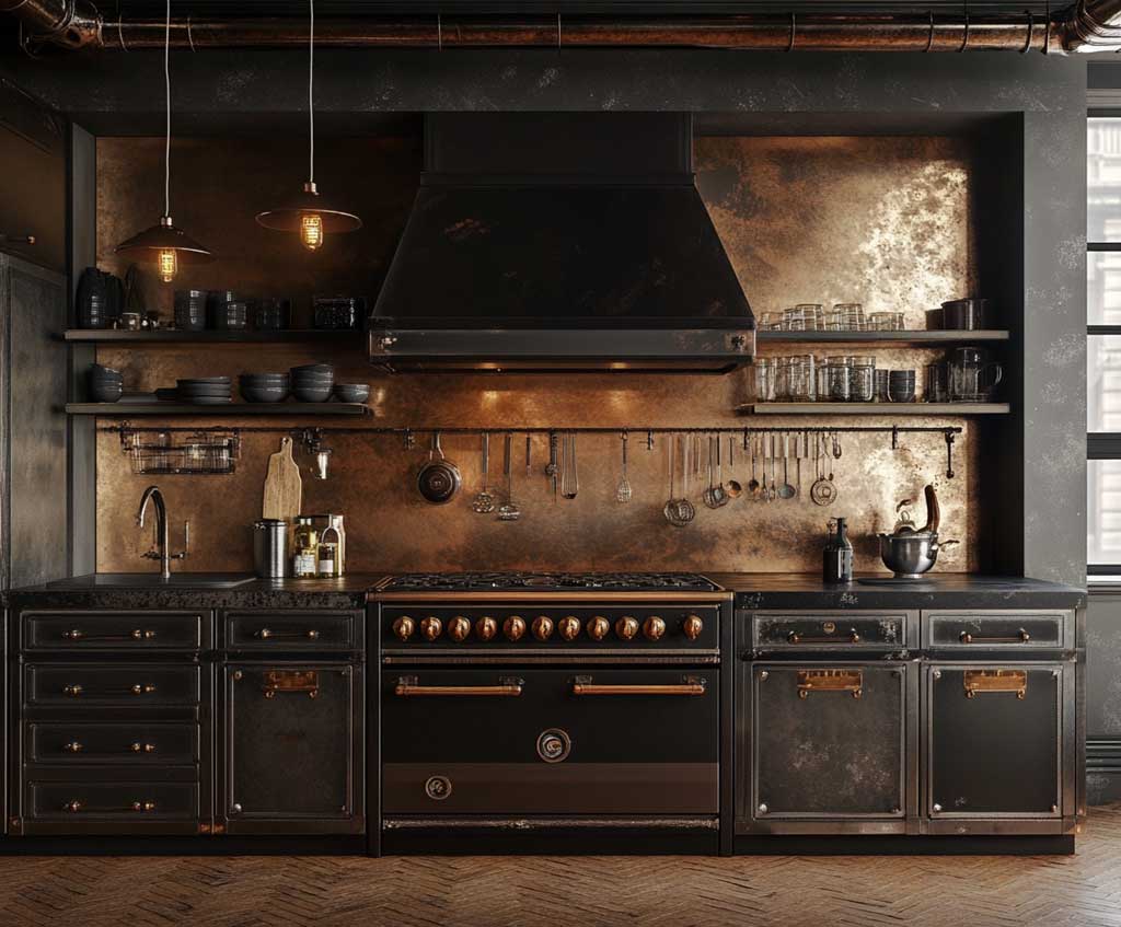 A warm antique copper splashback in a rustic industrial kitchen, featuring a hammered metal texture that adds depth and character. The copper surface stretches across the stove area and around the sink, reflecting the ambient lighting. Dark wooden cabinets, exposed pipes, and Edison bulb lighting enhance the rustic, vintage feel, while the metallic finish brings a touch of elegance. The kitchen has a cozy, lived-in atmosphere with an industrial edge.