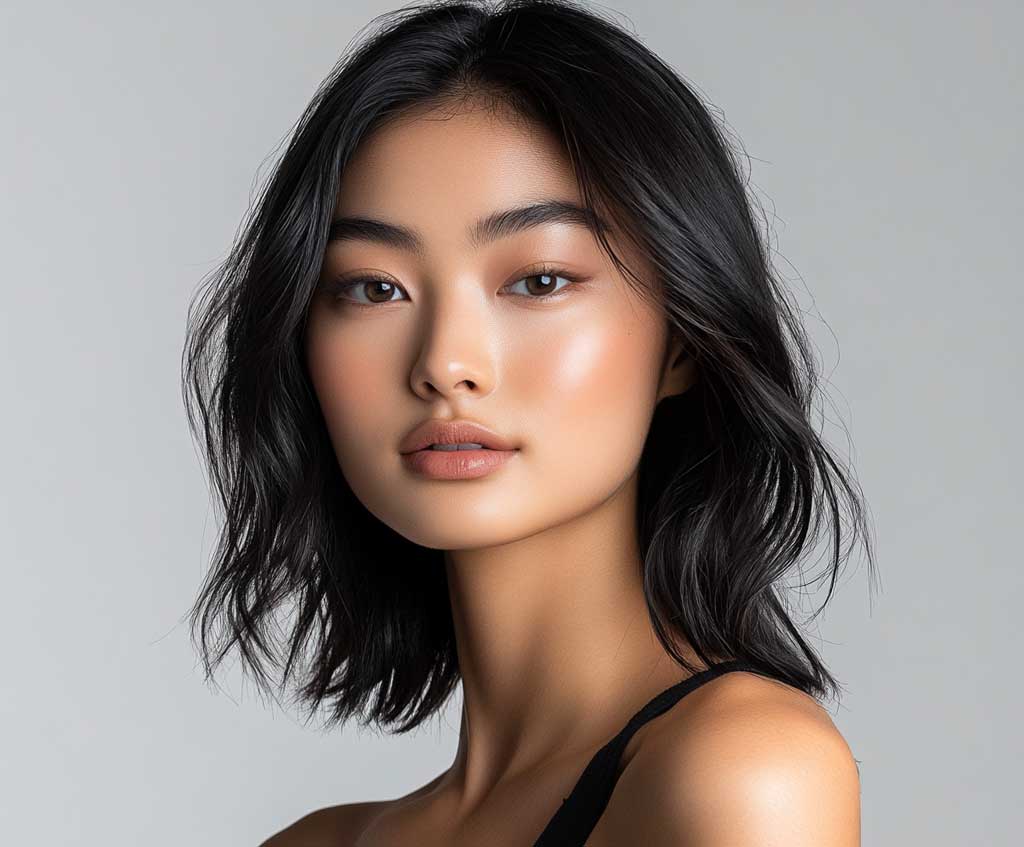 A model with shoulder-length, layered hair featuring subtle light highlights. Her hair is sleek and glossy, with highlights catching the light and adding dimension to the layers. She stands against a light, neutral background that enhances the vibrancy of her hair. Her style is contemporary, with an air of elegance, as the soft highlights complement her overall polished appearance. The image captures the sheen of the hair and the graceful flow of the layers.