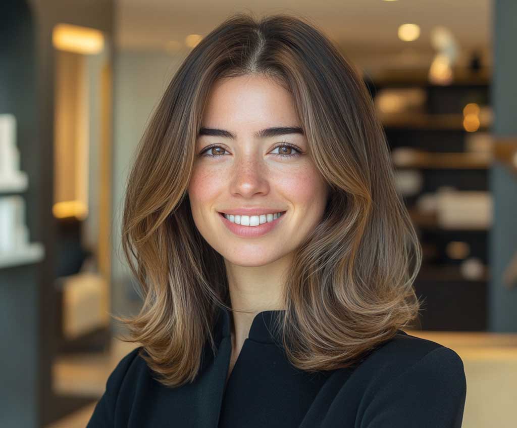 A woman with shoulder-length hair parted to the side, showcasing glossy, layered strands. Her hair is shiny and smooth, cascading gently over her shoulders. The layers add dimension, while the side part gives a soft, asymmetrical look. She is smiling in a well-lit, contemporary space, with sleek furniture surrounding her. The overall mood is polished, modern, and confident, reflecting her stylish appearance.