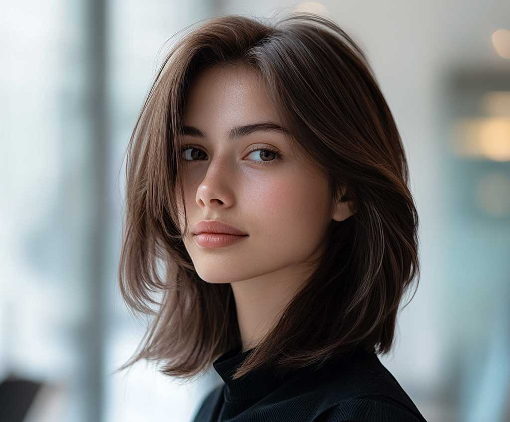 A model with smooth, layered shoulder-length hair standing in a softly lit room. The hair frames her face gently, with sleek strands delicately tucked behind one ear. Her hair is glossy, reflecting the light with a subtle shine. The layers are defined but flow naturally, creating a seamless look that highlights her facial features. She is dressed in an elegant, minimalist outfit, exuding sophistication and simplicity. The background is modern and minimalist, complementing her polished style.