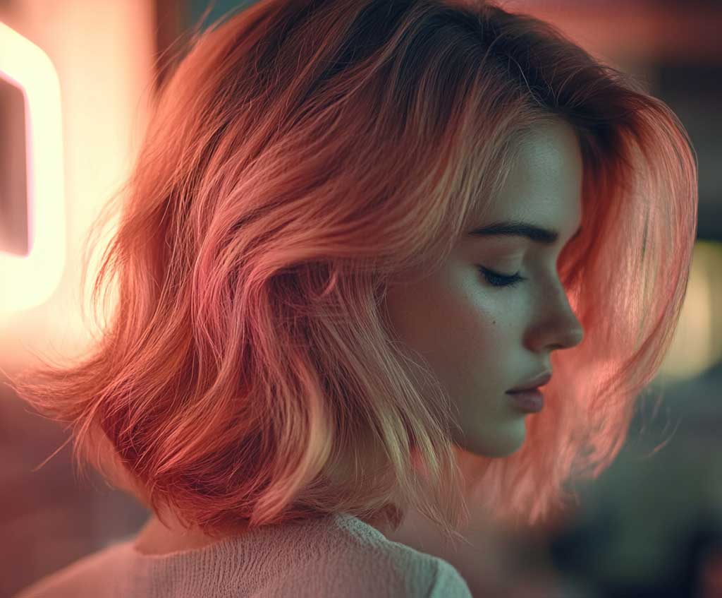 A model with a rose gold long bob haircut, featuring subtle layers that add texture and movement. Her face is visible, framed by the warm pink tones of the rose gold hair, under soft indoor lighting. The scene is set in a modern, minimalist living room with the hairstyle as the focal point.