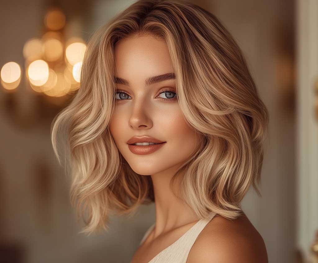 golden blonde long bob haircut dimensional shade