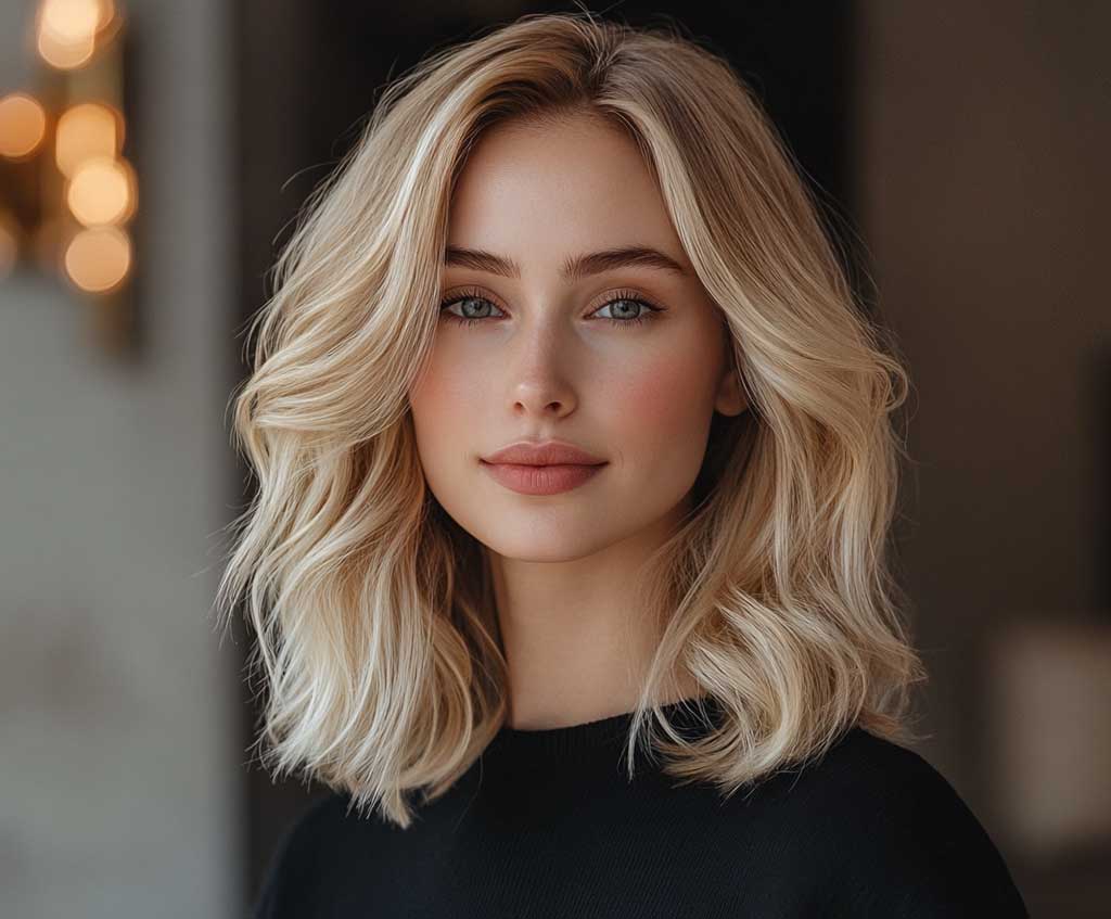 golden blonde long bob hairstyle vibrant color
