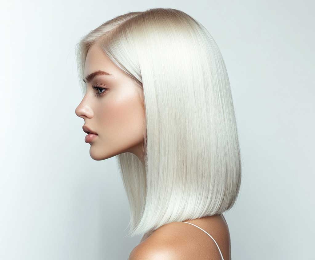 platinum long bob blonde haircut clean lines