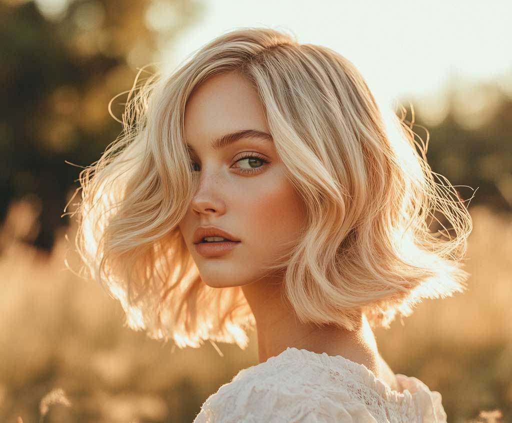 beige blonde long bob haircut textured style