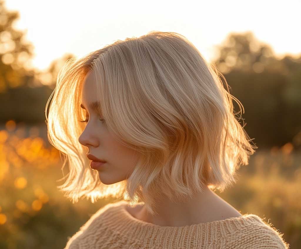 beige blonde long bob hair casual style