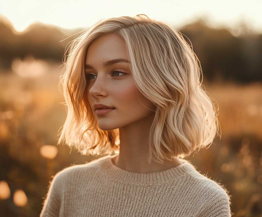 beige long bob blonde haircut soft texture