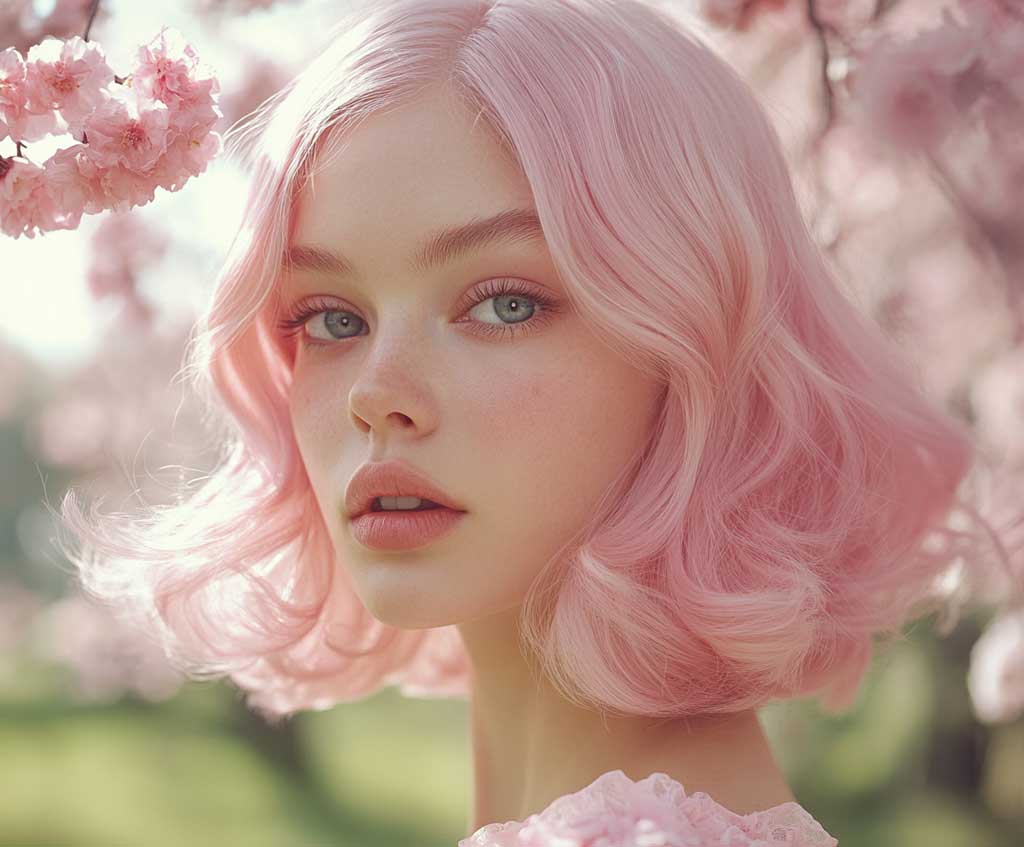A model with a pastel pink long bob haircut, styled in soft, loose curls. Her face is clearly visible, with the pastel pink hues glowing under natural light. The scene is set outdoors in a soft spring garden, highlighting the light and playful nature of the hairstyle.