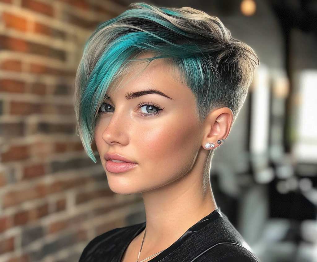 A close-up image of a woman with an edgy long pixie cut featuring a teal undercut and silver highlights on the longer layers. The undercut adds a sharp contrast, and the silver highlights create depth and shine. The background is a modern industrial loft, with exposed brick and soft lighting to emphasize the boldness of the cut and colors.