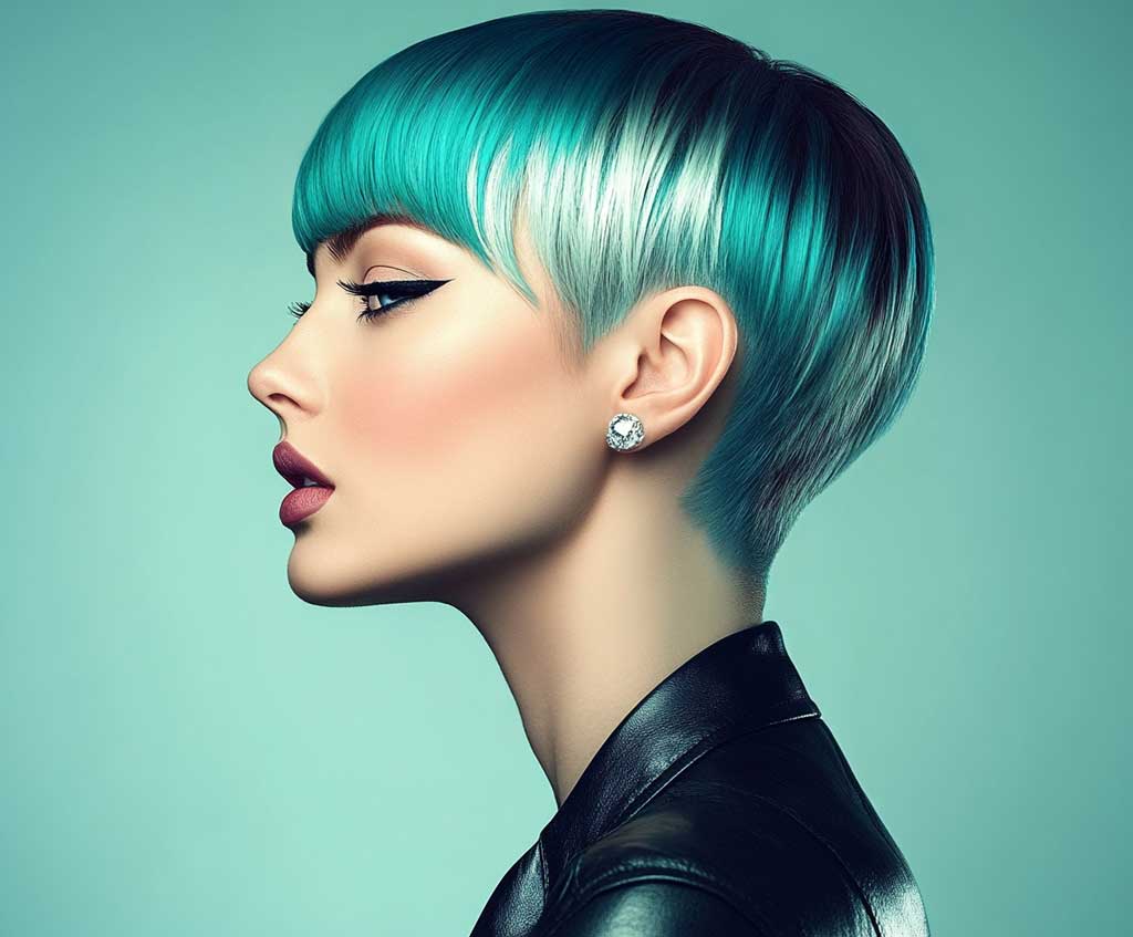 A close-up photo of a woman with a sleek long pixie haircut, featuring bold teal as the primary color with silver highlights around the face and tips. The hair is smooth and shiny, with the teal bringing vibrancy and the silver catching the light. The background is a minimalist modern studio with cool-toned lighting to enhance the colors.