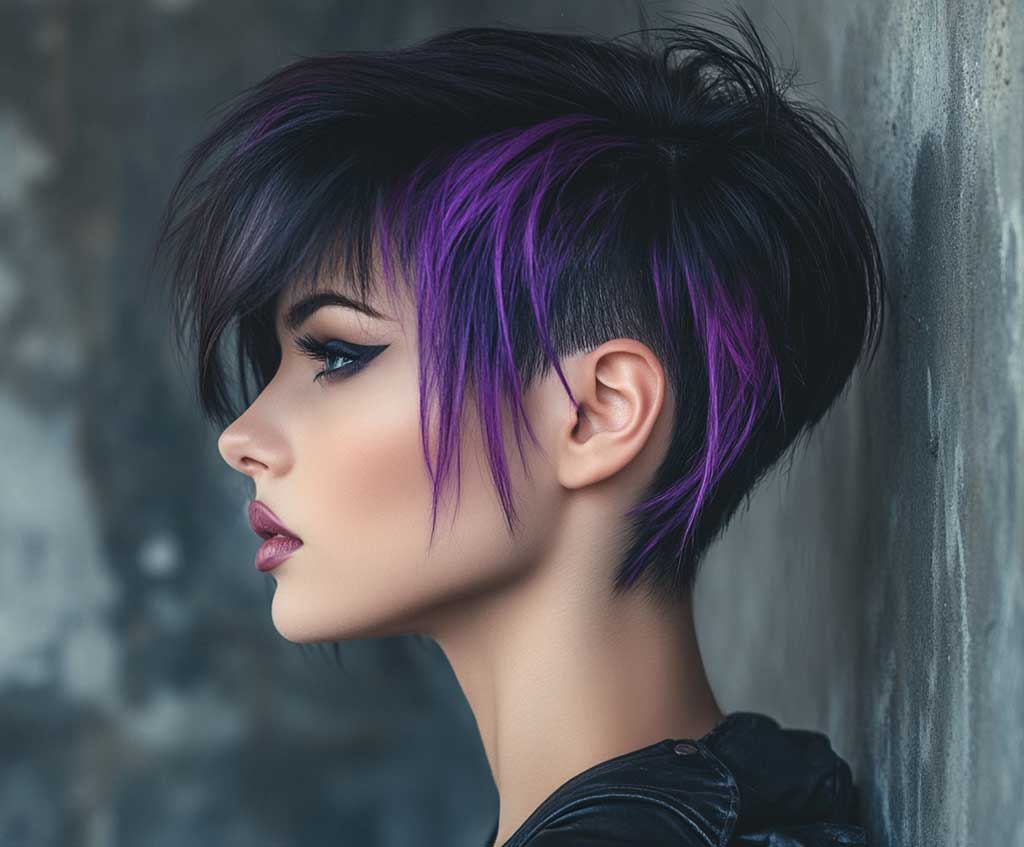 A close-up shot of a woman with an edgy long pixie cut featuring a jet black undercut and bold purple streaks on the longer layers. The undercut creates a sharp contrast, while the purple streaks add a vibrant touch to the longer, textured layers. The background is an industrial urban setting with concrete walls and metallic accents, highlighting the boldness of the hairstyle.