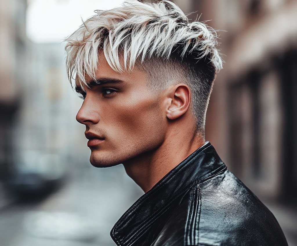 A male model with fresh low fade short hair featuring platinum blonde highlights, styled in an urban setting. The fade is clean and precise, with platinum blonde streaks accentuating the top. The lighting focuses on the contrast between the dark fade and the vibrant blonde highlights, giving the look a dynamic, edgy feel.