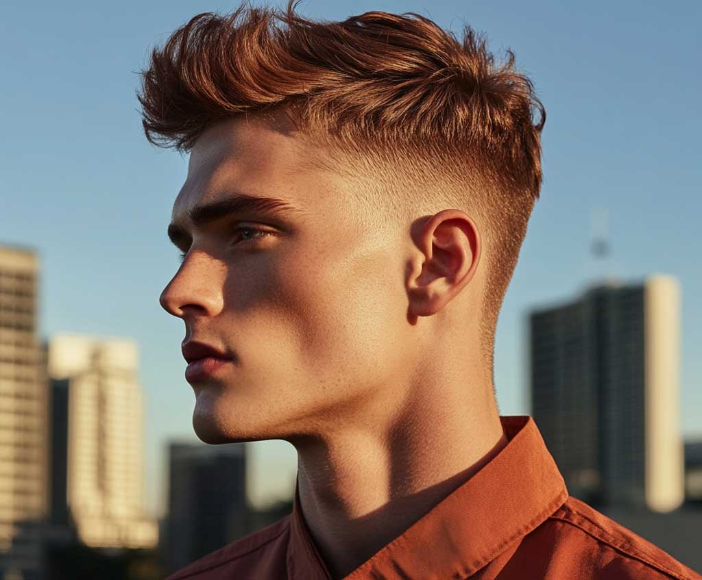 A male model with bold low fade short hair in copper brown, featuring a tapered finish at the nape. The backdrop is an urban cityscape with the model styled in casual streetwear. The copper brown color catches the sunlight, highlighting the gradual fade and sharp, tapered lines that create a bold, edgy look.