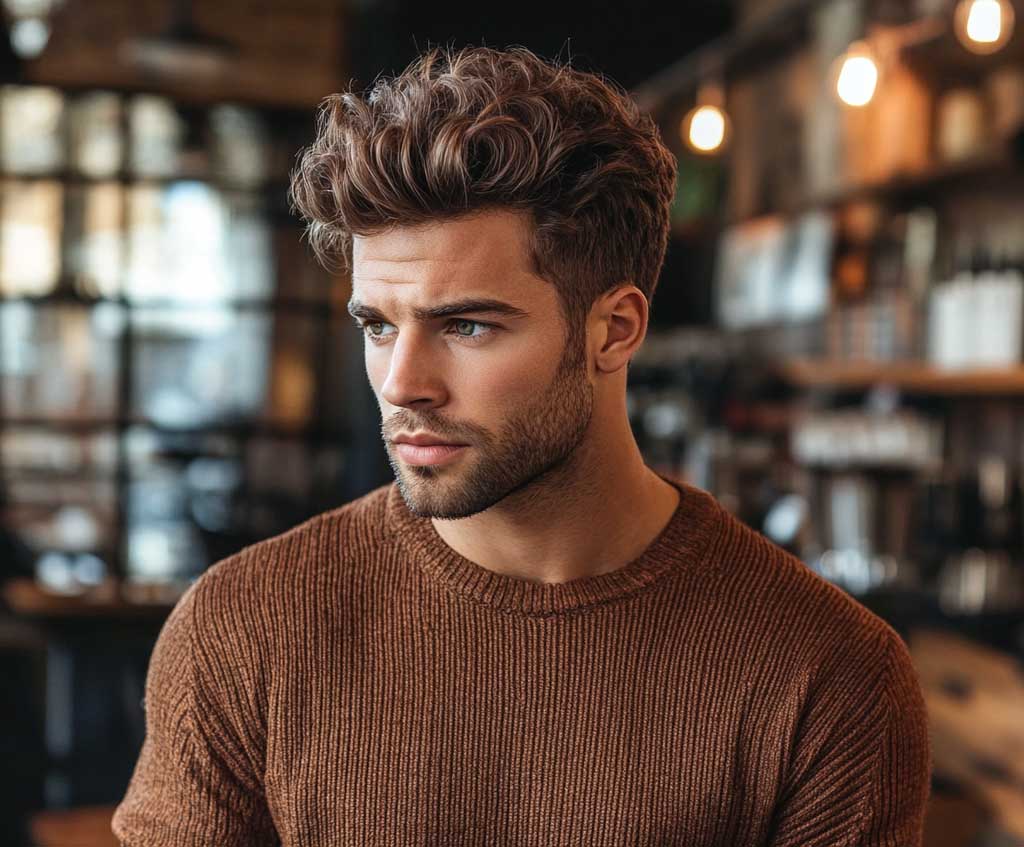 A male model with textured low fade short hair in copper brown, standing in a cozy indoor café setting. The top of the hair is styled with texture and movement, while the copper brown shade adds a soft warmth. The fade is subtle, blending smoothly into the textured top, creating a laid-back yet stylish appearance.