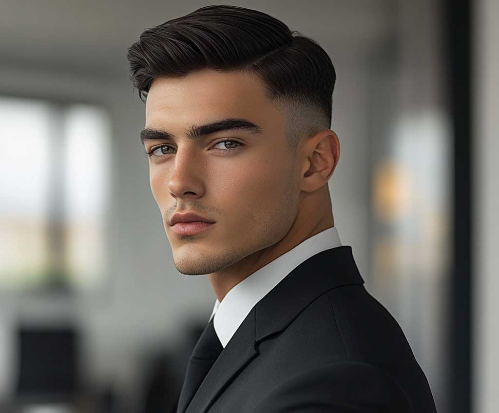 A male model with a clean low fade short hair in jet black, dressed in a sharp suit, standing in an office environment. His hair is neatly groomed, with a crisp fade that blends smoothly into the jet-black hair. The lighting emphasizes the contrast between his hair and professional attire.
