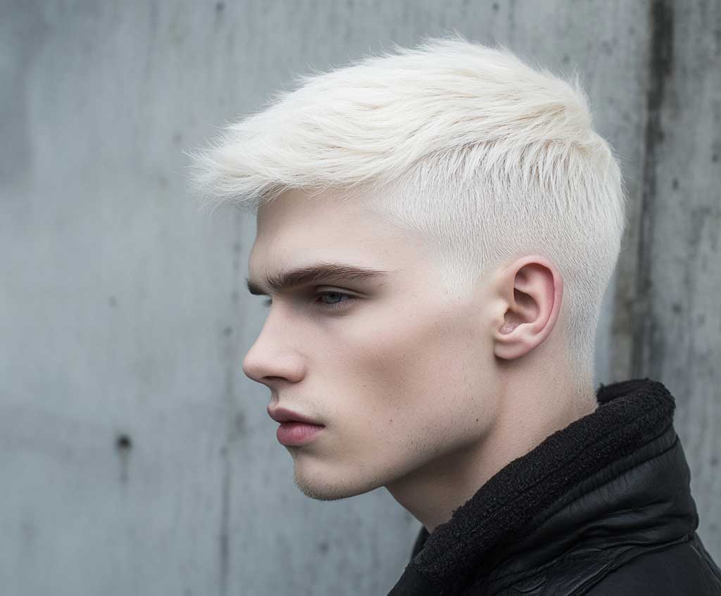 A male model with low fade short hair completely dyed in platinum blonde, standing against a stark, industrial backdrop. His haircut features a high-contrast fade, where the platinum blonde on top blends into the nearly skin-level fade on the sides. The lighting enhances the brightness of the platinum against the faded skin tone.