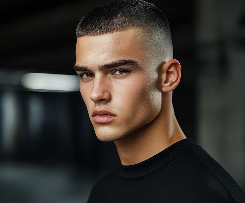 A male model with sharp low fade short hair in jet black, standing confidently in front of a minimalist, industrial-style background. His haircut is sleek, with precise lines fading seamlessly into the skin, emphasizing a bold, modern look. The lighting highlights the rich jet-black tones in his hair.