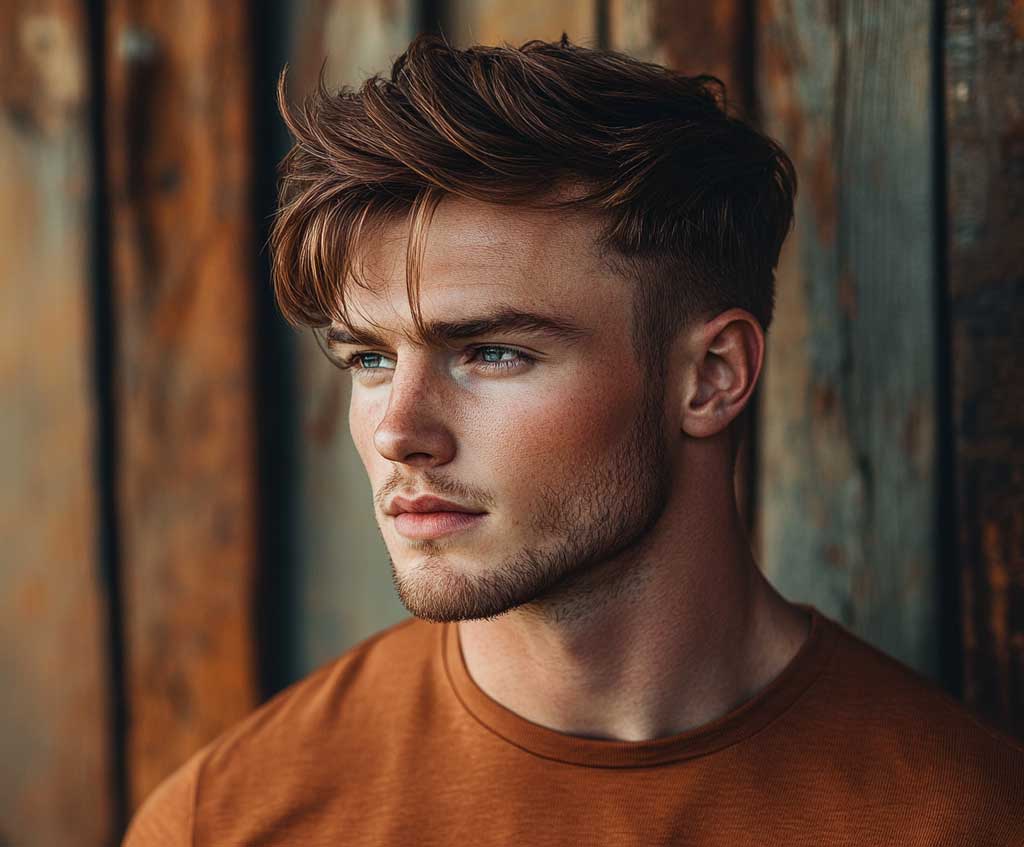 A male model with classic low fade short hair in copper brown, set against a warm, rustic background. The fade is clean and smooth, while the copper brown color adds depth and warmth to the haircut. The lighting enhances the rich tones of the copper brown, emphasizing the contrast between the fade and the longer hair on top.