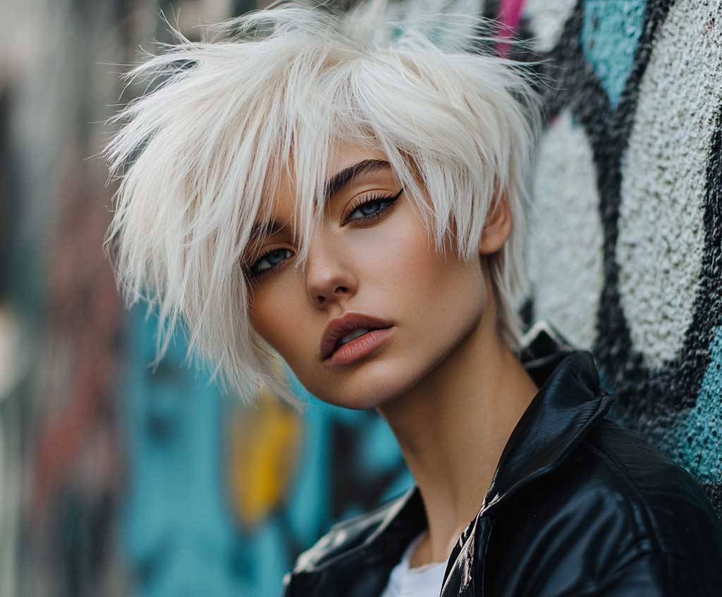 A close-up shot of a woman with a choppy layered pixie cut, her platinum blonde hair tousled and textured. The layers are uneven and edgy, giving the style a rebellious feel. She’s standing against a graffiti-covered wall in an urban setting, enhancing the bold, street-style vibe of the haircut.