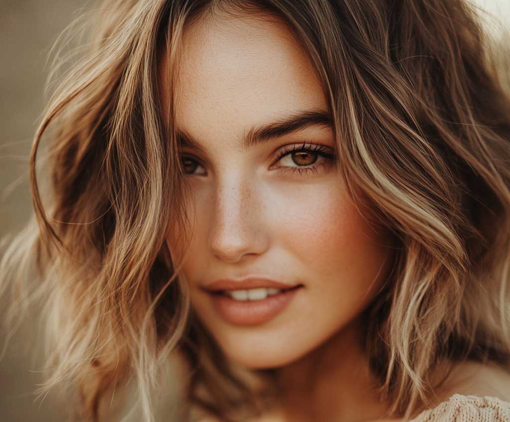A close-up shot of a woman with medium-length hair featuring soft, flowing waves and caramel highlights. Her face is visible with natural makeup and a soft smile. The layered hair is gently tousled, allowing the caramel tones to catch the light and enhance the waves. The background is softly blurred, creating a warm, inviting atmosphere, with the focus entirely on the hairstyle and face.