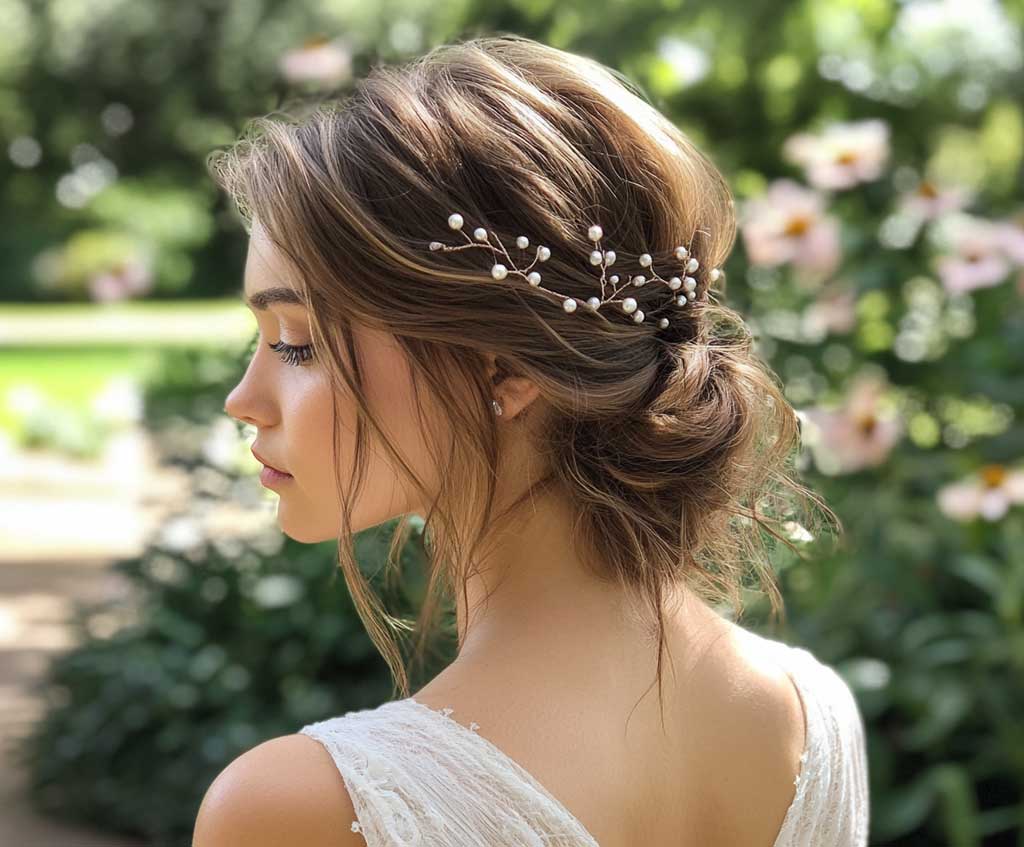 A woman with mid-length layered hair styled in an elegant half-updo stands in a garden. Her hair is pinned back with delicate, pearlescent accessories, while soft layers and loose strands fall around her face, creating a romantic look. The backdrop of flowers and greenery contrasts with the soft texture of her hair, which is a blend of soft caramel and honey tones.
