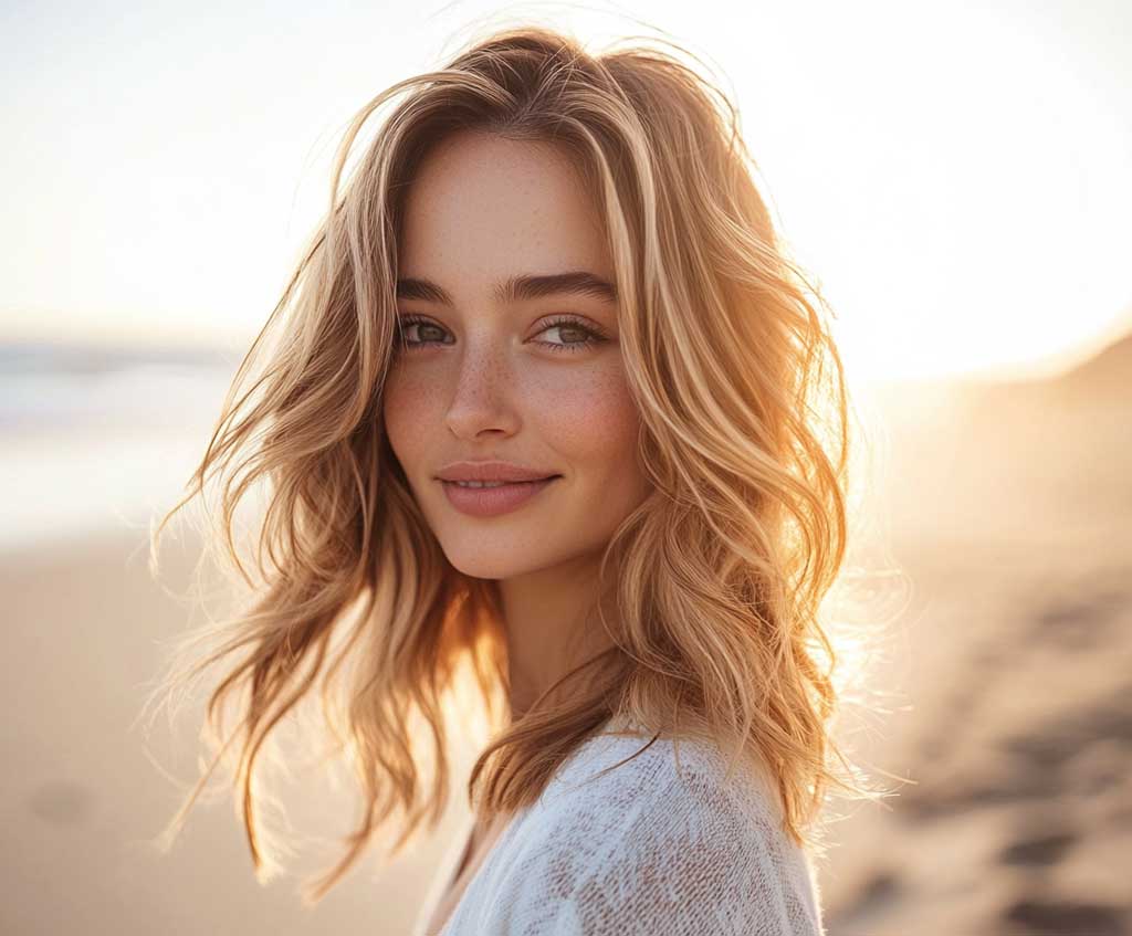 A woman with mid-length layered hair styled in soft, beachy waves stands on a sunlit beach. The light breeze lifts the waves, adding texture and natural movement to the hairstyle. The soft layers frame her face gently, and the colors of her hair subtly transition between warm blondes and sun-kissed browns, reflecting the sandy beach and golden sunset. Her face is seen clearly, smiling with an effortless, relaxed vibe.
