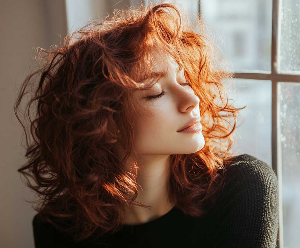 A woman with mid-length layered hair styled in voluminous textured curls sits by a large window, with sunlight softly illuminating her hair. The curls are bouncy and full, with layers enhancing the dimension and movement of the style. Her hair is a rich auburn, and each curl catches the light beautifully, creating a dynamic, textured look that complements her features.