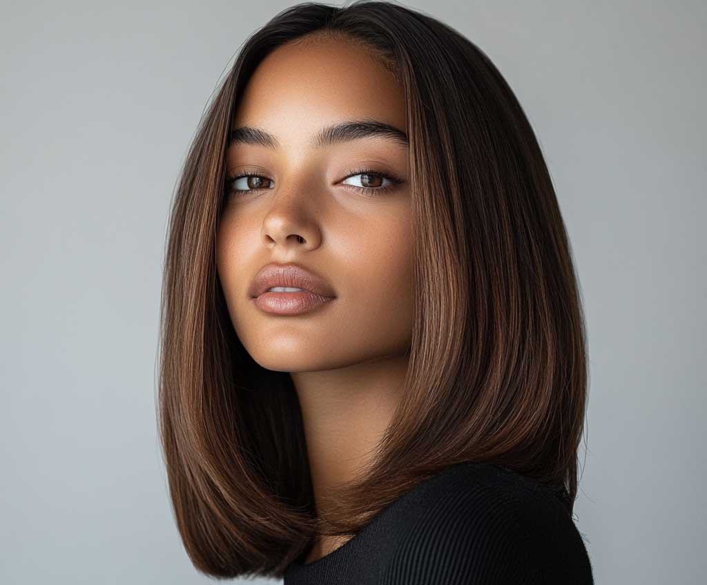 A woman with sleek, straight mid-length layered hair poses in a minimalist indoor setting. The layers are subtle but give a natural volume and structure to the hair, which shines under soft, modern lighting. Her face is clearly visible, and the hair frames her features perfectly, with the straight locks falling smoothly past her shoulders, showing off a sharp, clean finish. The color is a rich, glossy chestnut brown.