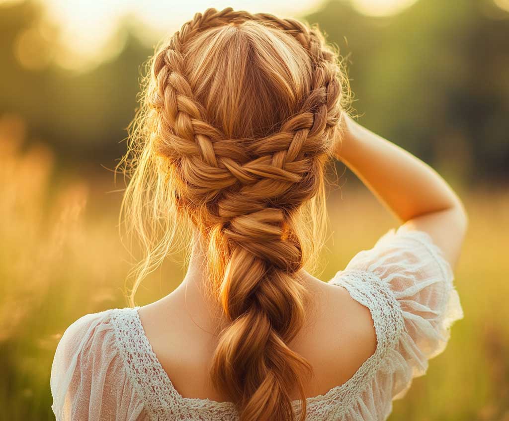 A woman with mid-length layered hair styled in a braided crown walks through a sunlit meadow. The intricate braid wraps around her head, with soft layers and loose waves falling beneath it, giving her an ethereal, bohemian look. Her hair is a mix of warm chestnut and soft blonde highlights, perfectly complementing the natural surroundings.