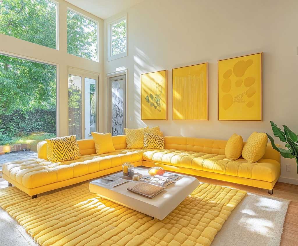 A bright and cheerful living room bathed in varying shades of yellow. The space features a plush yellow sofa, yellow-painted walls, and a textured yellow area rug. Yellow throw pillows and abstract yellow artwork add vibrancy. Large windows let in natural light, illuminating the yellow tones throughout the room.