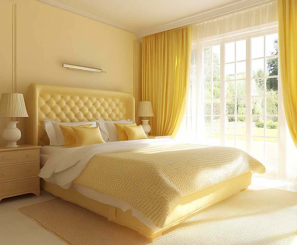 A serene bedroom in soft, sunny yellow tones, featuring a yellow upholstered headboard, yellow bedding, and yellow walls. Light wooden furniture and woven yellow accents create a harmonious, airy atmosphere. Sheer yellow curtains allow sunlight to stream in, brightening the space naturally.