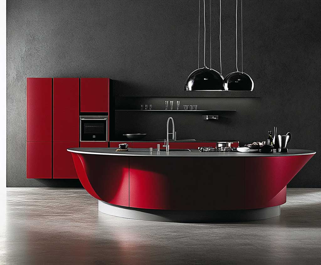 3+ New Kitchen Design Concepts with Vibrant Red and Gray Palettes