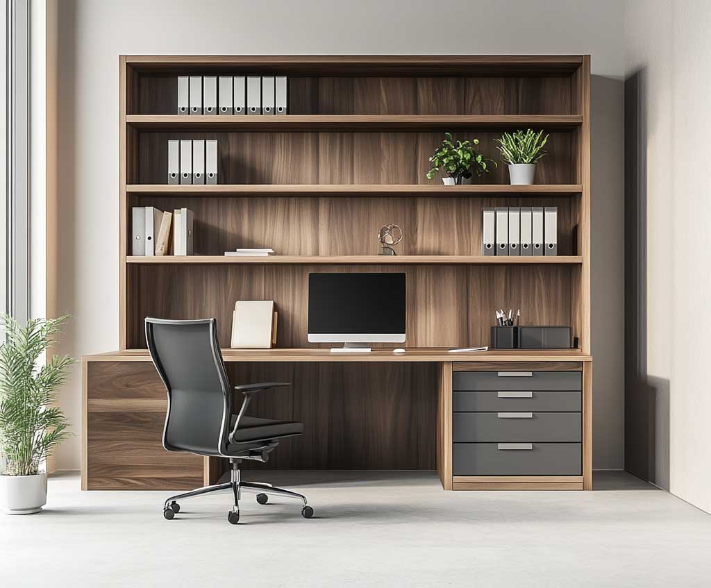 A modern office with dark walnut shelving, featuring natural wood grain, paired with minimalist gray storage boxes. The shelves are simple and elegant, showcasing the rich color of the wood. The gray storage boxes have smooth, matte finishes, contrasting with the natural texture of the shelves. The room has neutral-toned walls and subtle decorative elements like small plants and wooden picture frames.