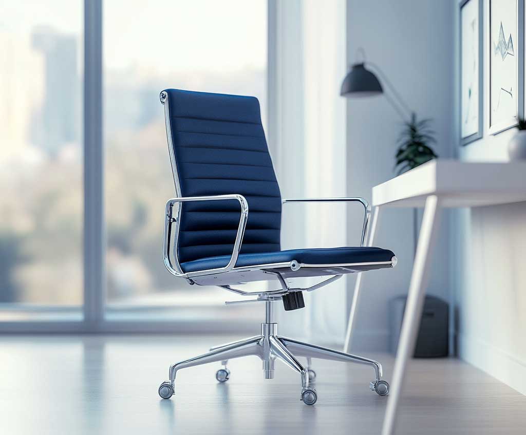 A modern office featuring a comfortable navy blue office chair with white trim along the edges. The chair has a smooth fabric finish, with adjustable armrests and a polished white metal base. The chair is positioned at a minimalist white desk, with a large window casting natural light over the room. The surrounding decor includes small white accessories and a few navy blue elements, creating a cohesive and professional look.