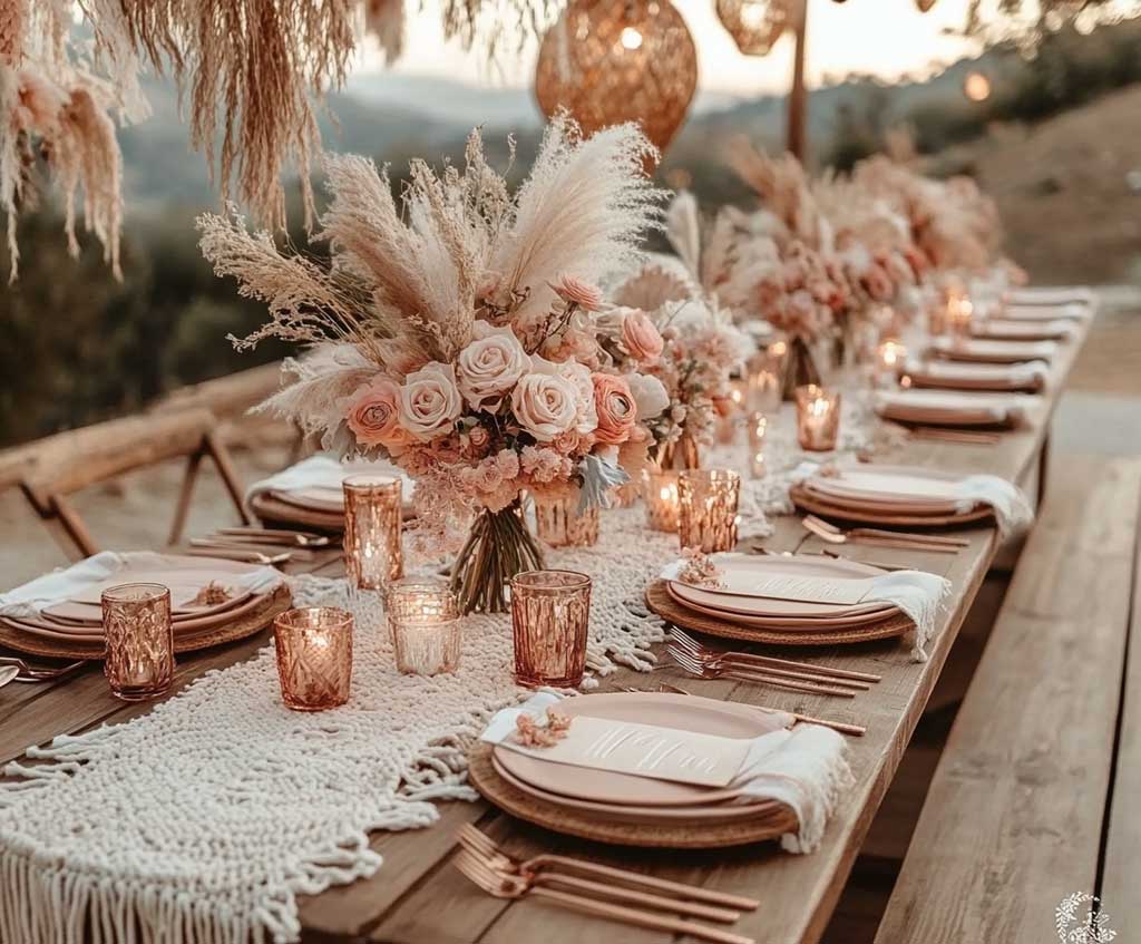 An intimate outdoor wedding reception with wooden tables adorned with long, handmade macramé table runners in natural off-white tones. Rose gold cutlery, plates with rose gold rims, and boho floral centerpieces in dried pampas grass and soft pinks complete the look. Surround the scene with hanging fairy lights and lanterns for a cozy atmosphere.