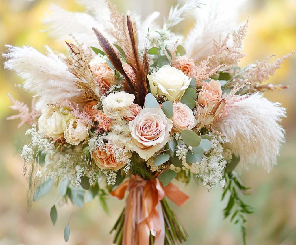 A close-up of a bohemian bridal bouquet with a mix of dried flowers, feathers, and greenery, tied with a rose gold ribbon. The bouquet should include pampas grass, eucalyptus, blush roses, and wildflowers in muted tones. The background should be a soft, blurred outdoor setting to focus on the bouquet’s details and textures.
