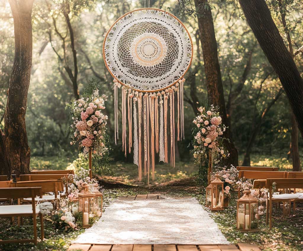 A serene outdoor wedding ceremony set in a forest clearing, with a large handcrafted dreamcatcher made of lace and rose gold accents as the focal point of the altar. Surround the space with natural wooden seating, boho floral arrangements in soft pastels, and hanging rose gold lanterns from tree branches. The atmosphere should feel ethereal, with sunlight filtering through the trees.