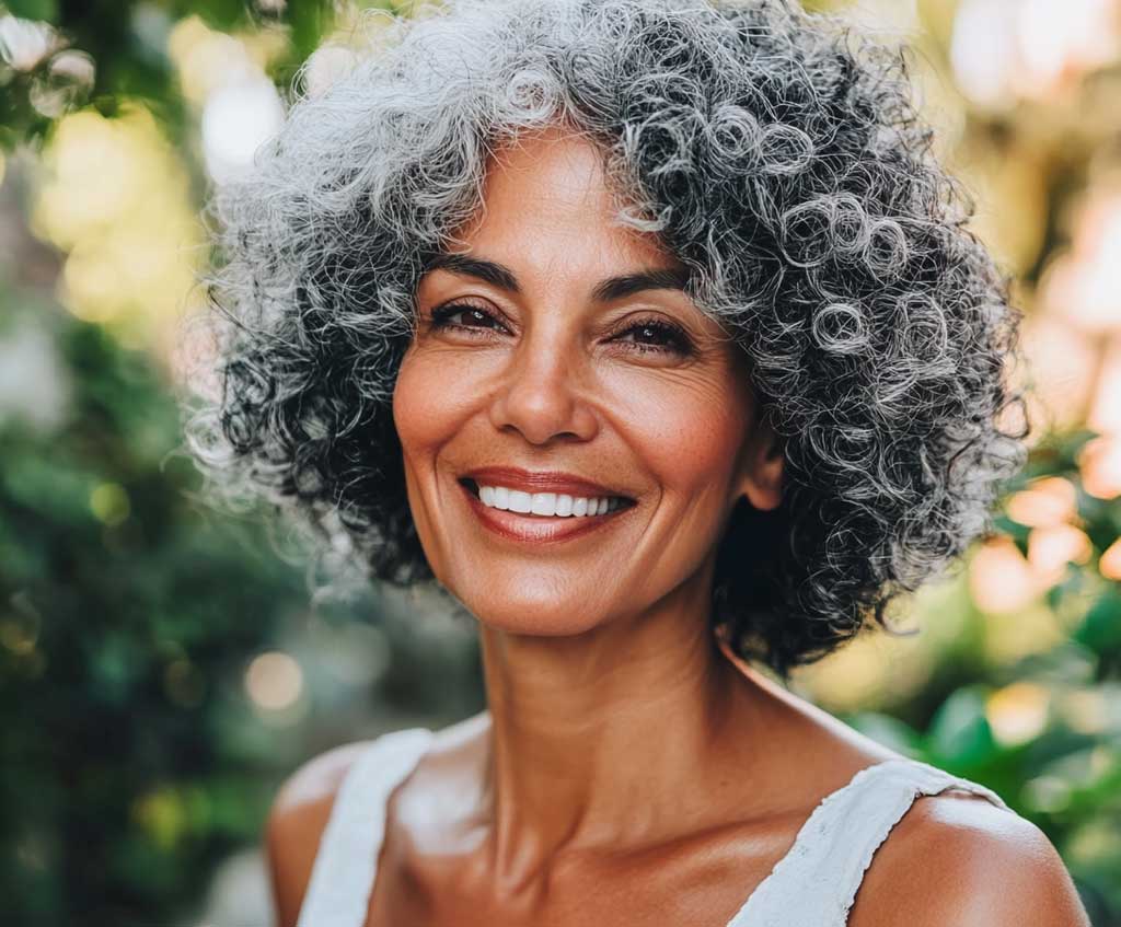 An older woman with a short curly crop hairstyle, her natural black curls accented by white tips. She is outdoors in a garden, the sun highlighting the contrast between the black curls and the bright white tips. Her hair has a soft, voluminous texture, and she smiles warmly, her natural curls framing her face beautifully.