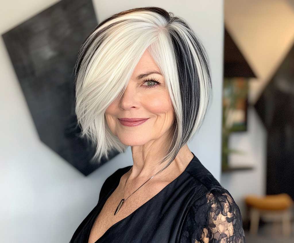 A stylish older woman with an asymmetrical bob, featuring bold white streaks against a jet-black base. She is standing in a modern, minimalist room with geometric decor. Her hair falls in sharp angles, and the white streaks create a striking contrast. She is smiling confidently, and the asymmetry adds an edgy touch to her overall look.