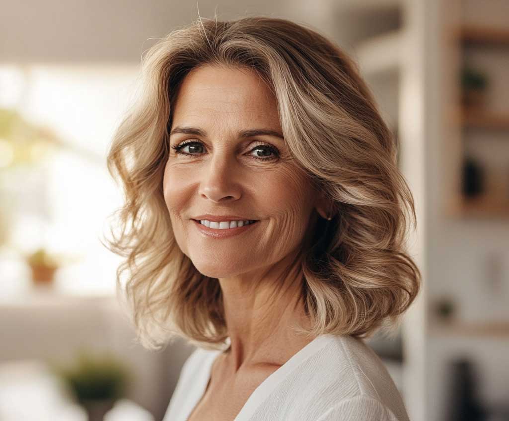 A stylish older woman with a wavy bob, featuring sandy blonde balayage highlights against a soft light brown base. She is standing in a bright, airy room with natural sunlight streaming in, her waves softly catching the light. Her hair has a relaxed texture, and she wears a soft smile that radiates confidence.