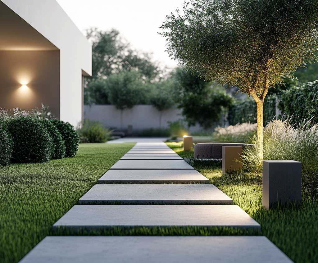 A minimalist backyard featuring a straight garden path made of smooth concrete slabs, surrounded by neatly manicured grass. The path leads through a simple, open space with a few carefully placed shrubs and modern outdoor lighting fixtures. The design is sleek, linear, and emphasizes open space.