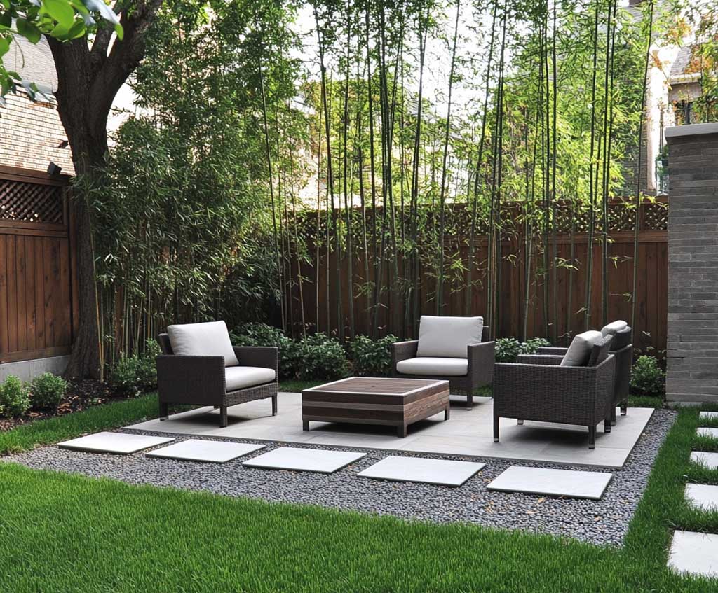 A minimalist backyard oasis featuring a small seating area with sleek modern chairs and a low-profile coffee table. The setting is surrounded by simple, minimalist landscaping—neatly trimmed grass, a few tall bamboo plants for privacy, and smooth stone accents. The design feels intimate and calming.