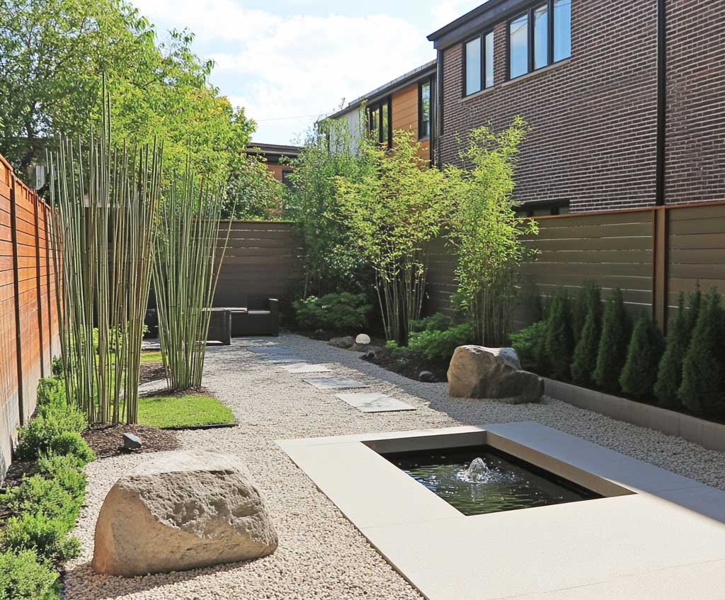 A peaceful minimalist backyard featuring a small Zen garden with clean gravel lines, a single bamboo fountain water feature, and sparse greenery. The space feels tranquil and open, with a few large rocks serving as natural sculptures. The color palette is neutral, and the emphasis is on simplicity and balance.
