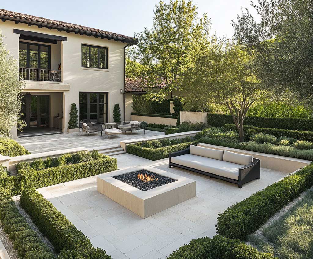 A serene backyard with a minimalist patio featuring sleek natural stone pavers, surrounded by neatly trimmed greenery. The design emphasizes simplicity, with a low-profile seating area, a small fire pit, and clean, geometric lines in the landscaping. The overall vibe is peaceful, with earthy tones and soft lighting enhancing the natural elements.
