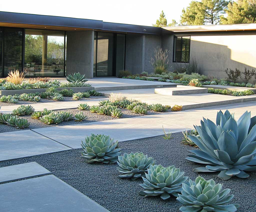 A minimalist backyard featuring a design with clean lines, gray gravel ground covering, and neatly arranged succulents. The layout is organized with clear pathways, framed by rectangular raised beds filled with drought-tolerant plants. The look is crisp, modern, and low-maintenance.