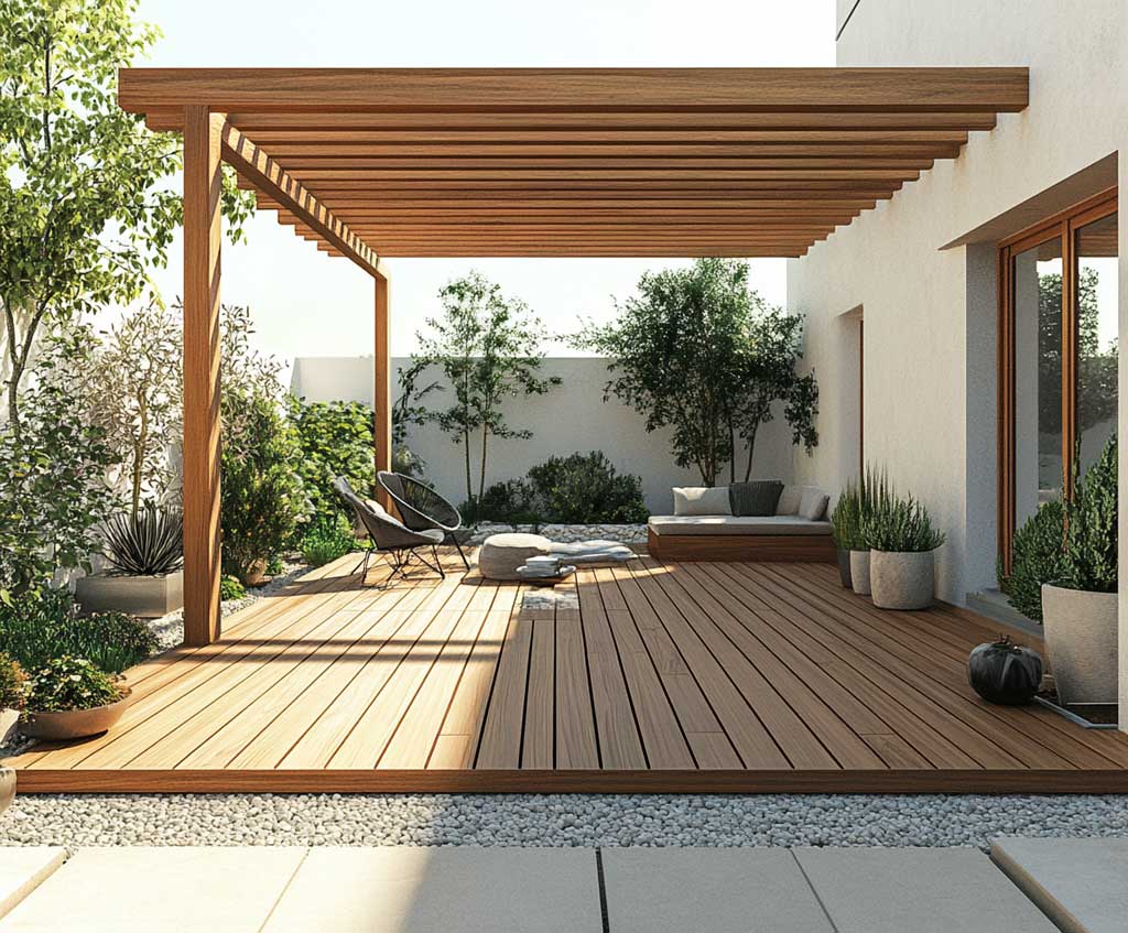 A minimalist backyard featuring a sleek wooden deck with a simple pergola overhead. The pergola is designed with clean, geometric lines, and the deck has a smooth, natural wood finish. There are minimal furnishings, just a few modern chairs and a small table, with potted plants adding a touch of greenery.