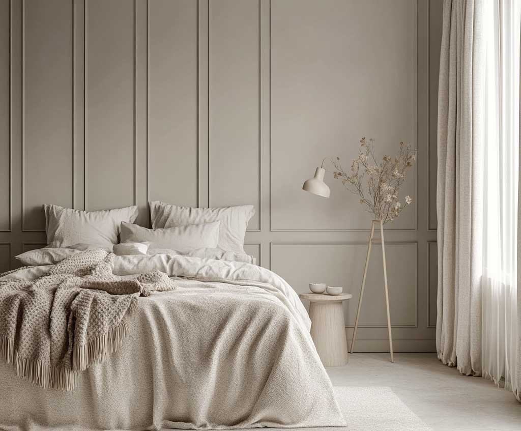 A minimalist bedroom featuring soft gray wall panelling with subtle, textured grooves. The room includes light beige furniture, a cozy wool throw on the bed, and a simple floor lamp casting warm light, creating an inviting and serene ambiance.