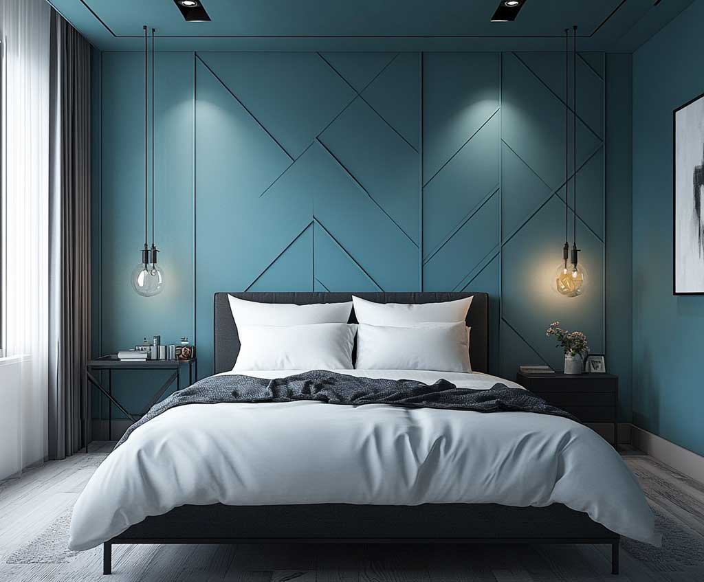 A contemporary bedroom with bold teal wall panelling, featuring geometric patterns and black metal furniture. The bedding is crisp white with teal accents, and the room is lit with industrial-style pendant lights, giving the space a modern, edgy vibe.