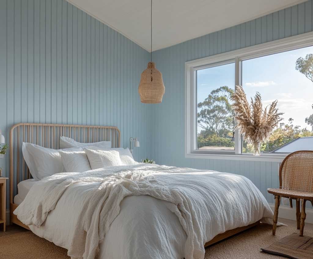 A fresh and airy bedroom with sky blue wall panelling, white linen bedding, and light natural wood furniture. Large windows let in abundant natural light, creating a soft, breezy atmosphere. The space is minimalistic yet inviting, ideal for a tranquil and refreshing vibe.